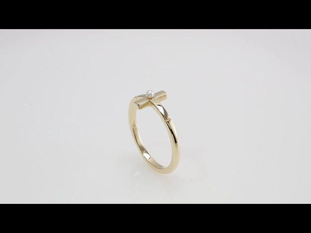 14K Yellow Gold Cultured White Akoya Pearl Sideways Cross Ring