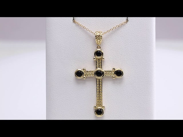 14K Yellow Gold Natural Black Onyx Cross 16-18" Necklace