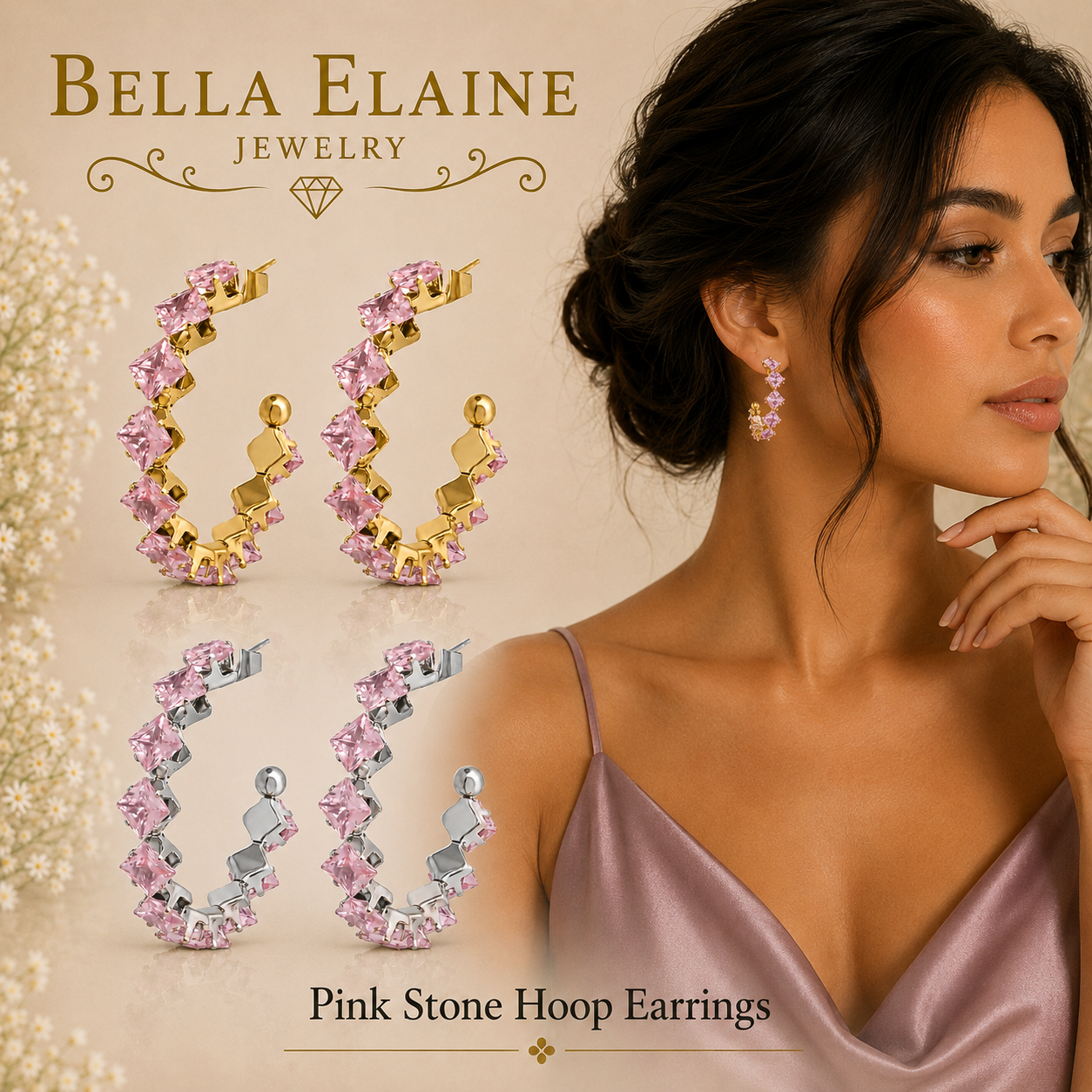 Pink Stone Hoop Earrings