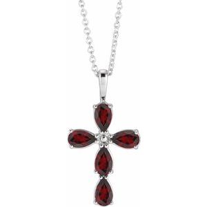 Platinum Natural Mozambique Garnet Cross 16-18" Necklace