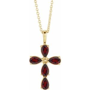 14K Yellow Gold Natural Mozambique Garnet Cross 16-18" Necklace