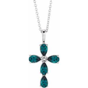 14K White Gold Lab-Grown Alexandrite Cross 16-18" Necklace