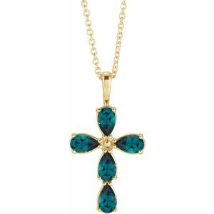 14K Yellow Gold Lab-Grown Alexandrite Cross 16-18" Necklace