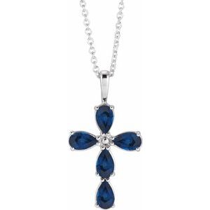 14K White Gold Lab-Grown Blue Sapphire Cross 16-18" Necklace