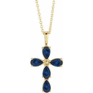 14K Yellow Gold Lab-Grown Blue Sapphire Cross 16-18" Necklace