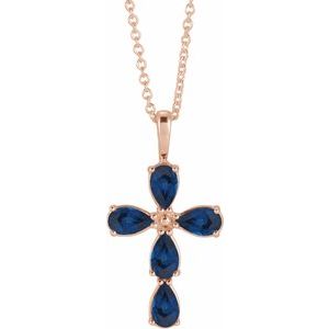 14K Rose Gold Natural Blue Sapphire Cross 16-18" Necklace