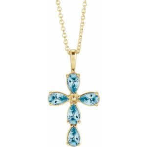 14K Yellow Gold Natural Blue Zircon Cross 16-18" Necklace