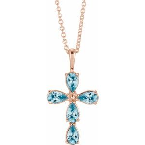 14K Rose Gold Natural Blue Zircon Cross 16-18" Necklace