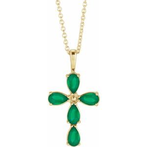 14K Yellow Gold Natural Emerald Cross 16-18" Necklace