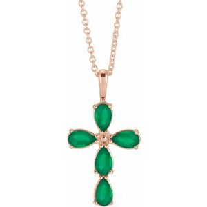 14K Rose Gold Natural Emerald Cross 16-18" Necklace