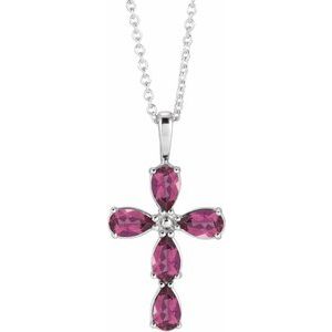 14K White Gold Natural Pink Tourmaline Cross 16-18" Necklace