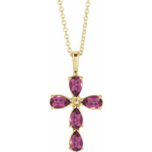 14K Yellow Gold Natural Pink Tourmaline Cross 16-18" Necklace