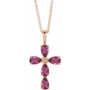 14K Rose Gold Natural Pink Tourmaline Cross 16-18" Necklace