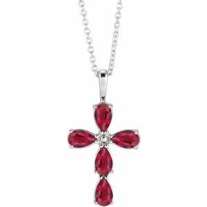 Sterling Silver Lab-Grown Ruby Cross 16-18" Necklace