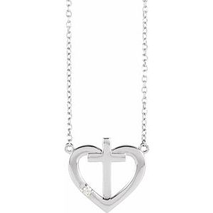 14K White Gold .015 CT Natural Diamond Heart & Cross 18" Necklace