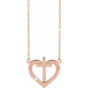 14K Rose Gold .015 CT Natural Diamond Heart & Cross 18" Necklace