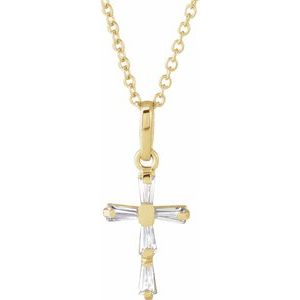 14K Yellow Gold Imitation White Cubic Zirconia Cross Youth 15" Necklace