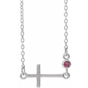 14K White Gold Natural Pink Tourmaline Sideways Cross 16-18" Necklace