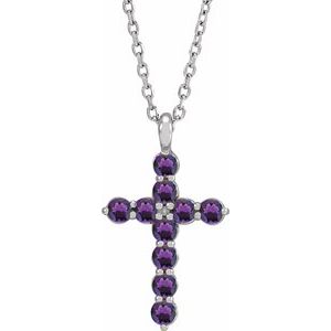 Platinum Natural Amethyst Cross 16-18" Necklace
