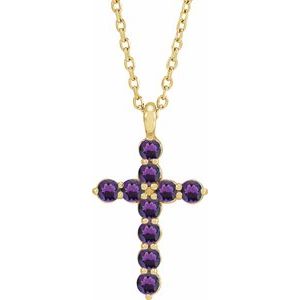 14K Yellow Gold Natural Amethyst Cross 16-18" Necklace