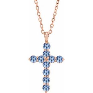 14K Rose Gold Natural Aquamarine Cross 16-18" Necklace