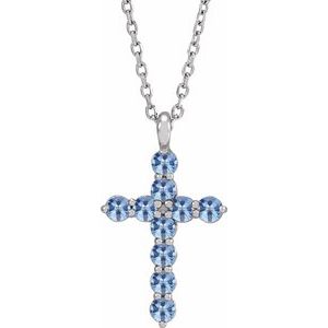 Platinum Natural Aquamarine Cross 16-18" Necklace