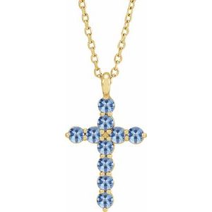14K Yellow Gold Natural Aquamarine Cross 16-18" Necklace