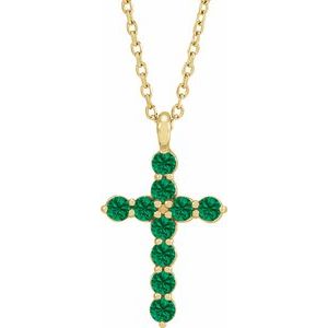 14K Yellow Gold Natural Emerald Cross 16-18" Necklace