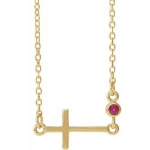 14K Yellow Gold Natural Pink Tourmaline Sideways Cross 16-18" Necklace