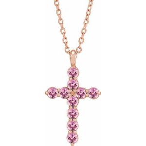 14K Rose Gold Natural Pink Tourmaline Cross 16-18" Necklace