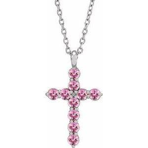 14K White Gold Natural Pink Tourmaline Cross 16-18" Necklace