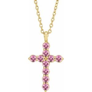 14K Yellow Gold Natural Pink Tourmaline Cross 16-18" Necklace