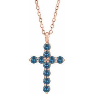 14K Rose Gold Natural Blue Zircon Cross 16-18" Necklace