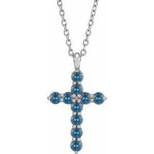 Platinum Natural Blue Zircon Cross 16-18" Necklace