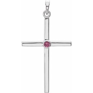 14K White Gold Natural Pink Tourmaline Cross Pendant