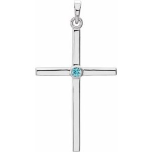 14K White Gold Natural Blue Zircon Cross Pendant