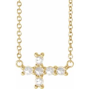 14K Yellow Gold 1/8 CTW Rose-Cut Natural Diamond Sideways Cross 16-18" Necklace