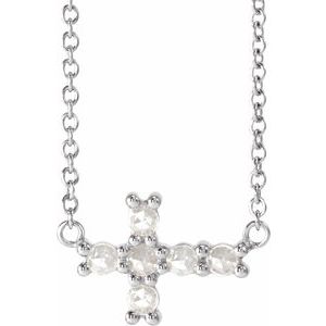 14K White Gold 1/8 CTW Rose-Cut Natural Diamond Sideways Cross 16-18" Necklace