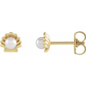 14K Yellow Cultured White Seed Pearl Shell Earrings