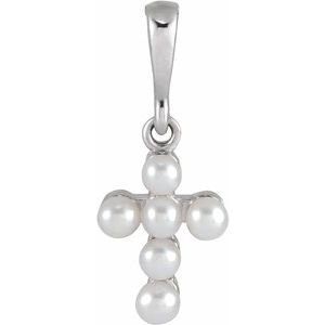 Sterling Silver Cultured White Seed Pearl Youth Cross Pendant