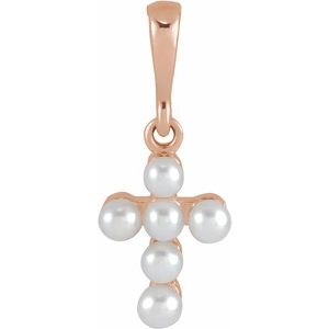 14K Rose Gold Cultured White Seed Pearl Youth Cross Pendant