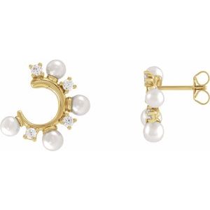 14K Yellow Cultured White Freshwater Pearl & 1/3 CTW Natural Diamond Hoop Earrings 