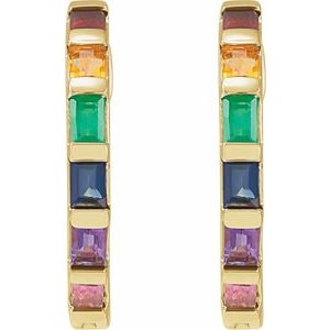 14K Yellow Gold Natural Multi-Gemstone Rainbow Hoop Earrings