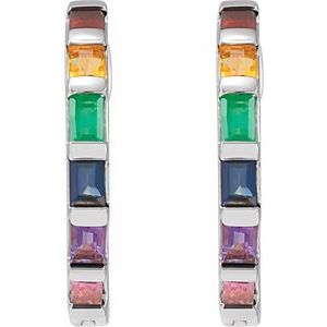 14K White Gold Natural Multi-Gemstone Rainbow Hoop Earrings