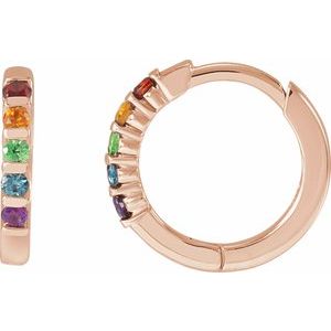 14K Rose Gold Natural Multi-Gemstone Rainbow Huggie Hoop Earrings
