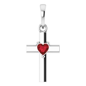 14K White Gold Natural Mozambique Garnet Heart Cross Pendant