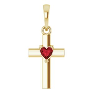 14K Yellow Gold Natural Mozambique Garnet Heart Cross Pendant
