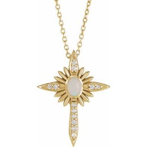 14K White Gold Natural White Opal & .06 CTW Natural Diamond Nativity Cross Pendant