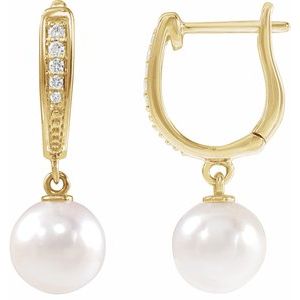 14K Yellow Cultured White Akoya Pearl & .03 CTW Natural Diamond Earrings