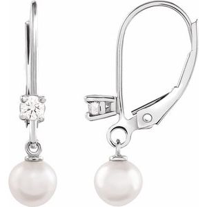 14K White Cultured White Akoya Pearl & 1/8 CTW Natural Diamond Earrings